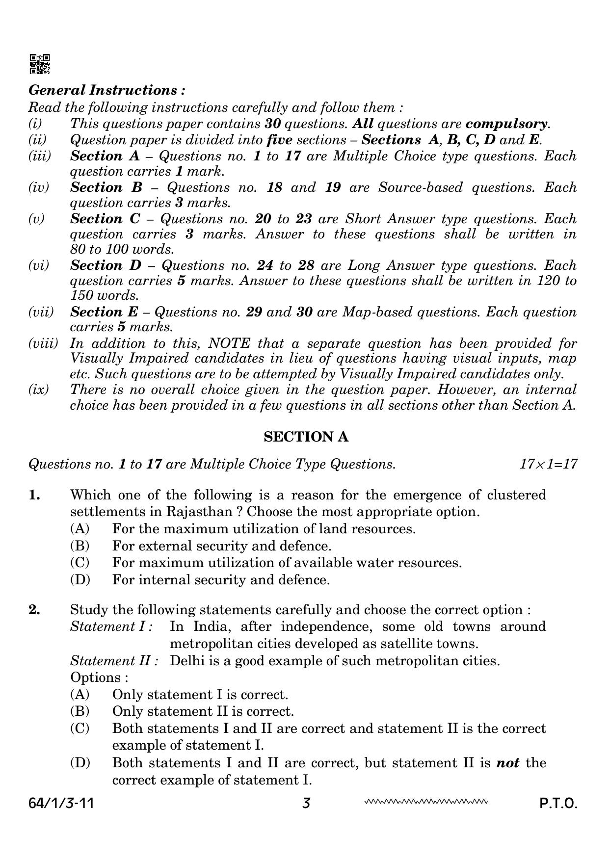 CBSE Class 12 64-1-3 Geography 2024 Question Paper - Page 3
