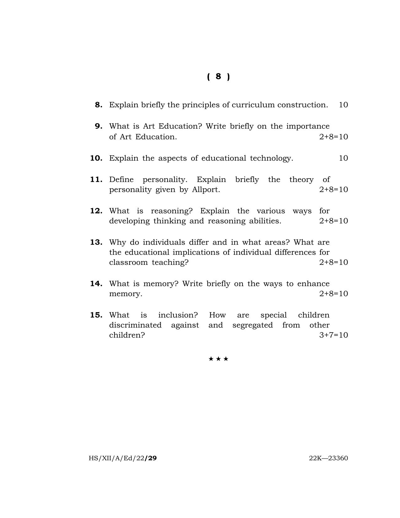 Meghalaya Board (MBOSE) Class 12 EDUCATION  (HS_XII_A_Ed_22) 2022 Question Paper - Page 8