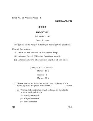 Meghalaya Board (MBOSE) Class 12 EDUCATION  (HS_XII_A_Ed_22) 2022 Question Paper