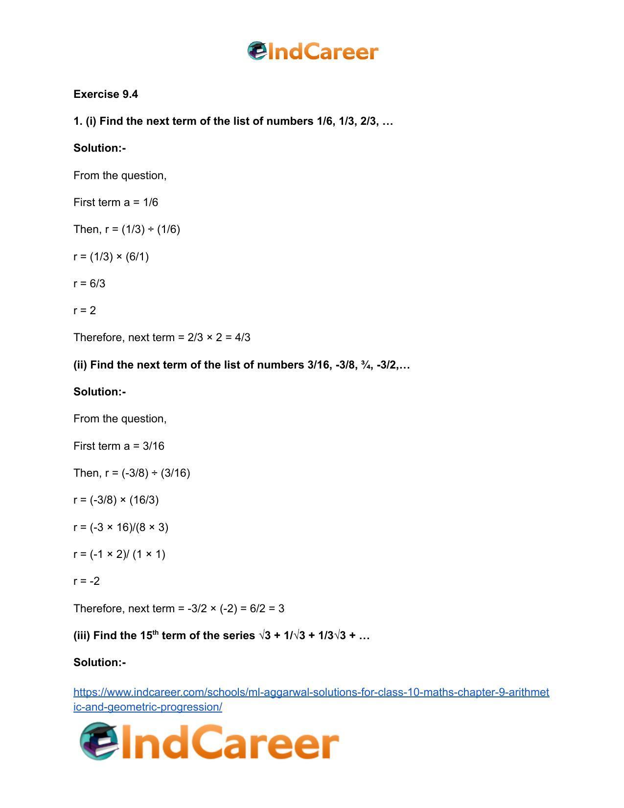 ML Aggarwal Solutions for Class 10 Maths Chapter 9- Arithmetic and Geometric Progression - Page 63