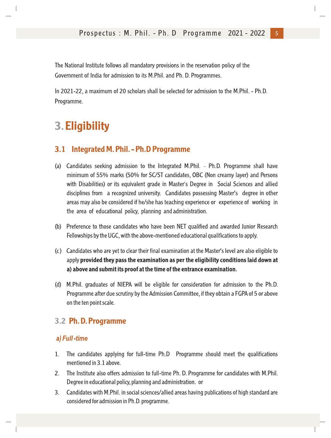 National University of Educational Planning and Administration (NUEPA), New Delhi M. Phil. - Ph. D. Prospectus 2021-22 - Page 7