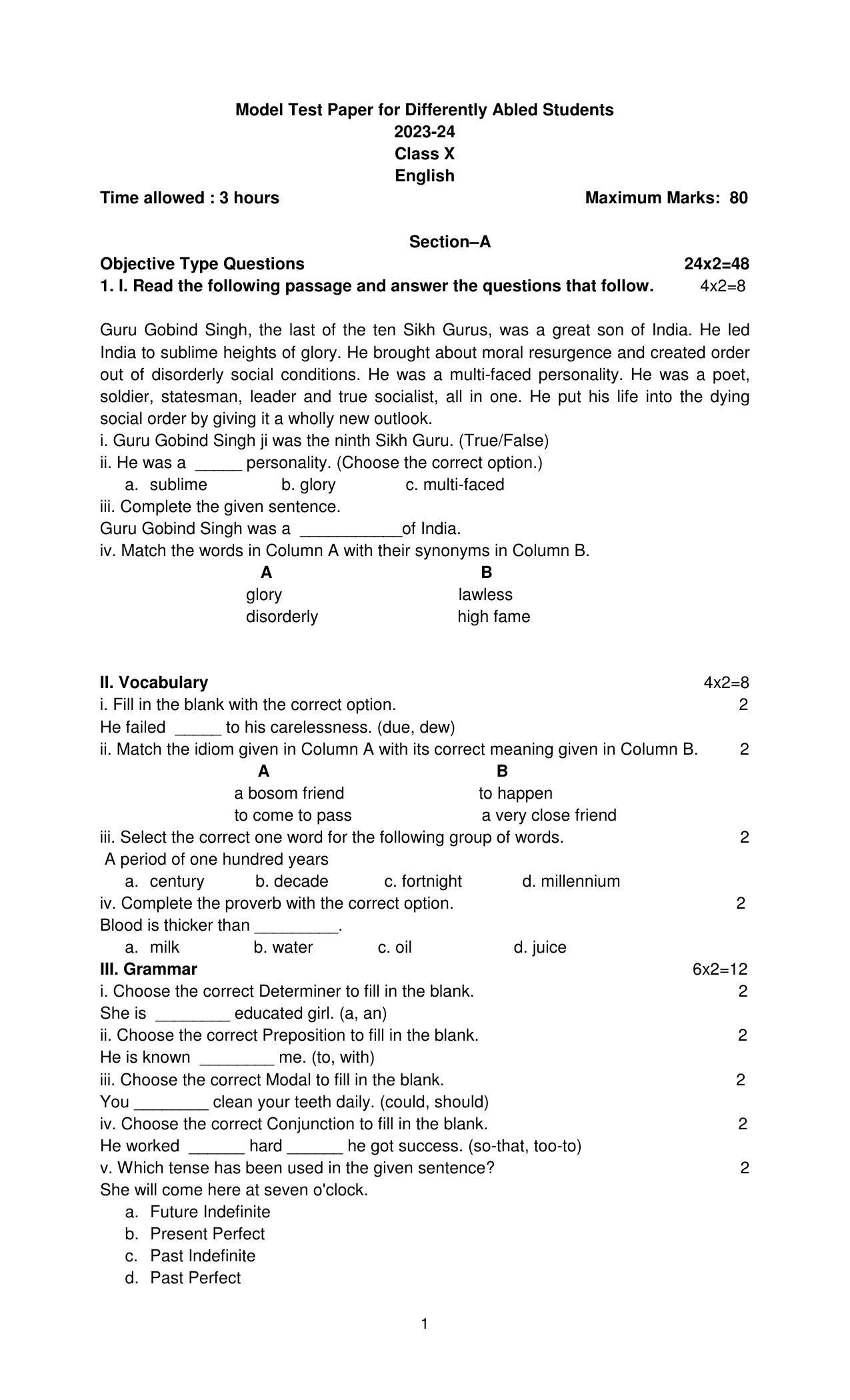 PSEB Class 10th English (DA Students) Model Paper 2024 - Page 1
