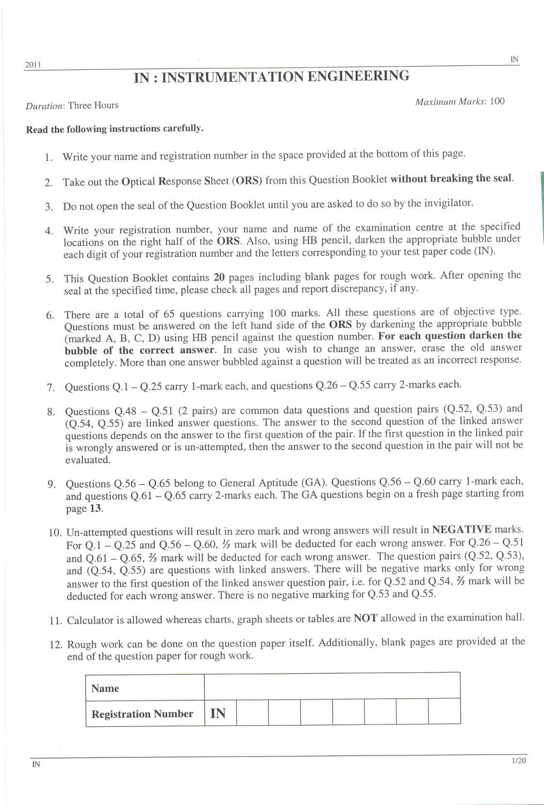GATE 2011 Instrumentation Engineering (IN) Question Paper with Answer Key - Page 1