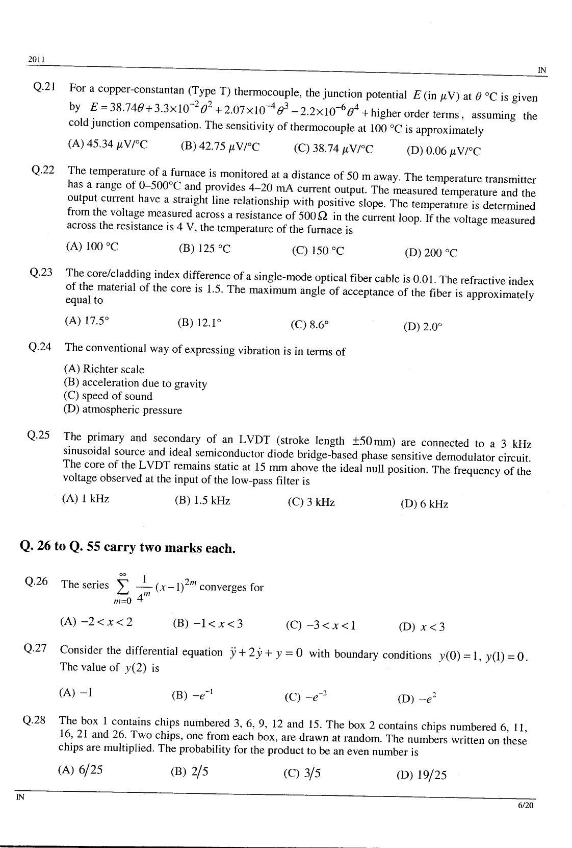 GATE 2011 Instrumentation Engineering (IN) Question Paper with Answer Key - Page 6