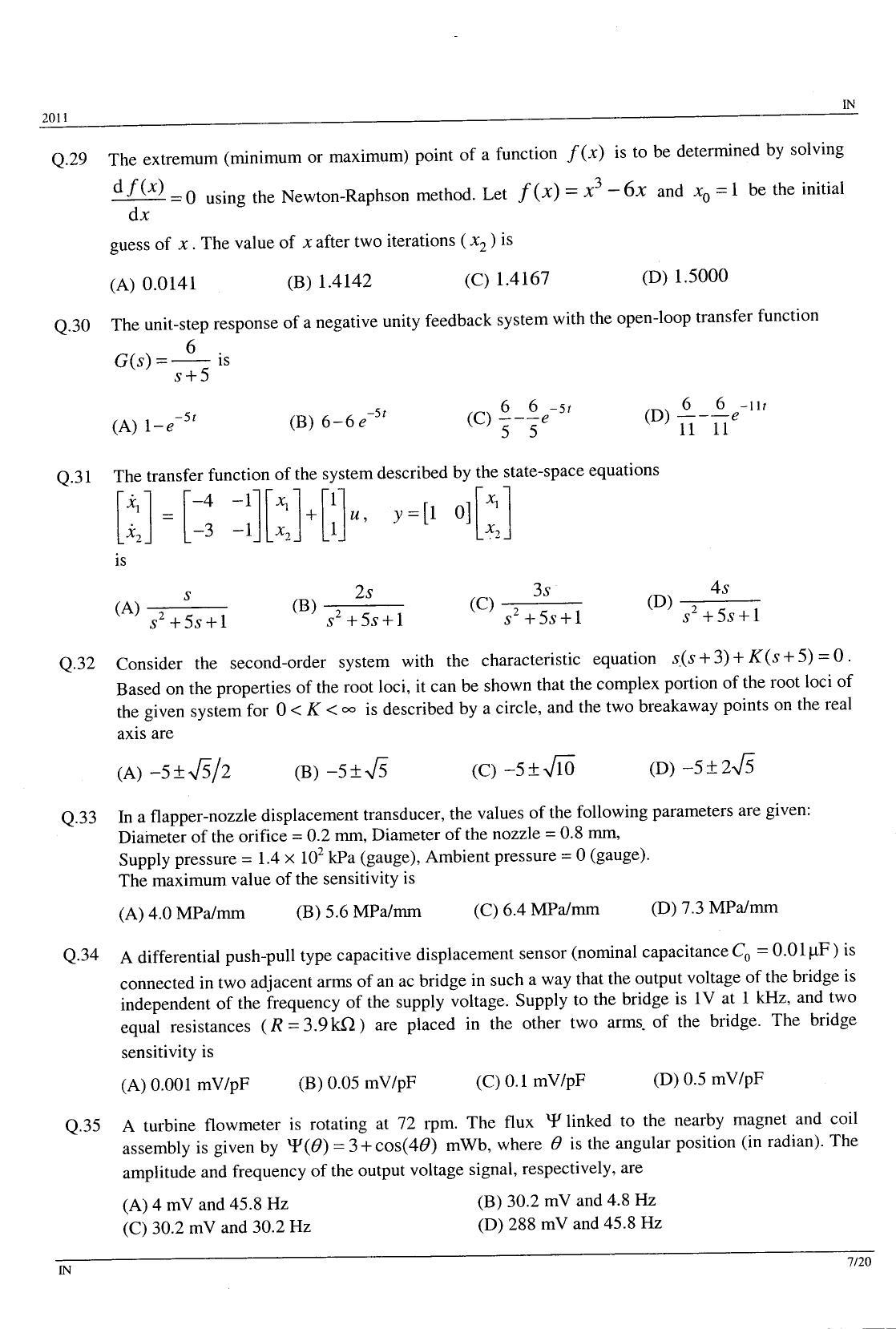 GATE 2011 Instrumentation Engineering (IN) Question Paper with Answer Key - Page 7