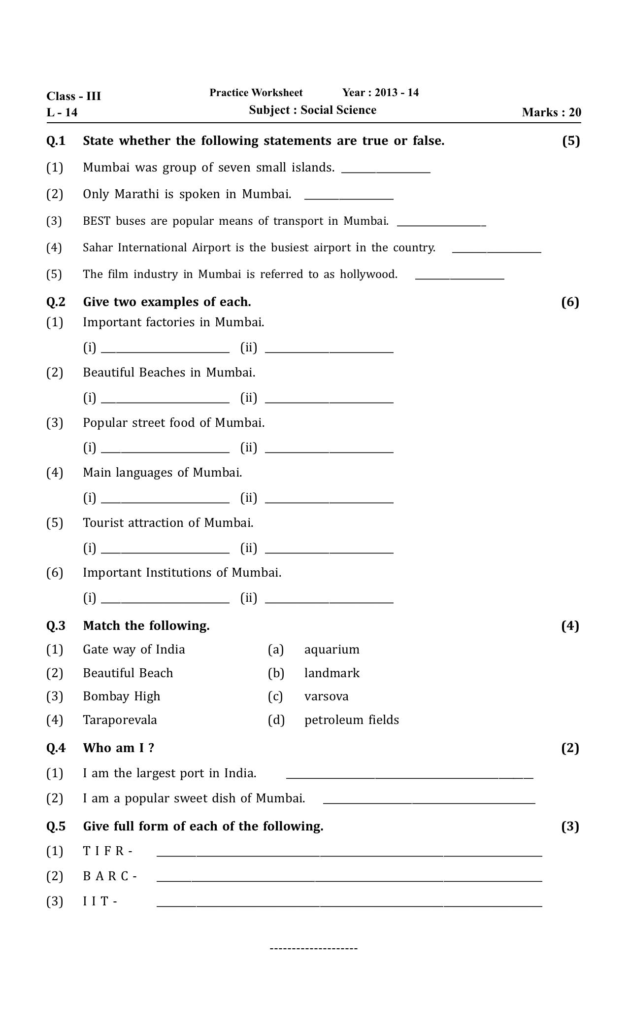Worksheet for Class 3 Social Science Assignment 8 - Page 1
