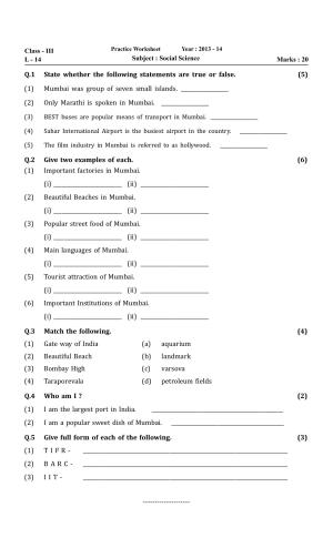 Worksheet for Class 3 Social Science Assignment 8