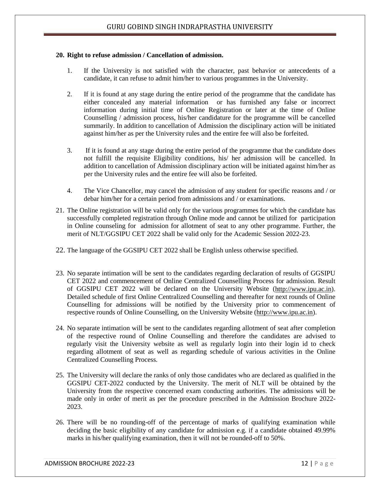 Guru Gobind Singh Indraprastha University (GGSIPU), Delhi Admission Brochure 2022-23 - Page 20