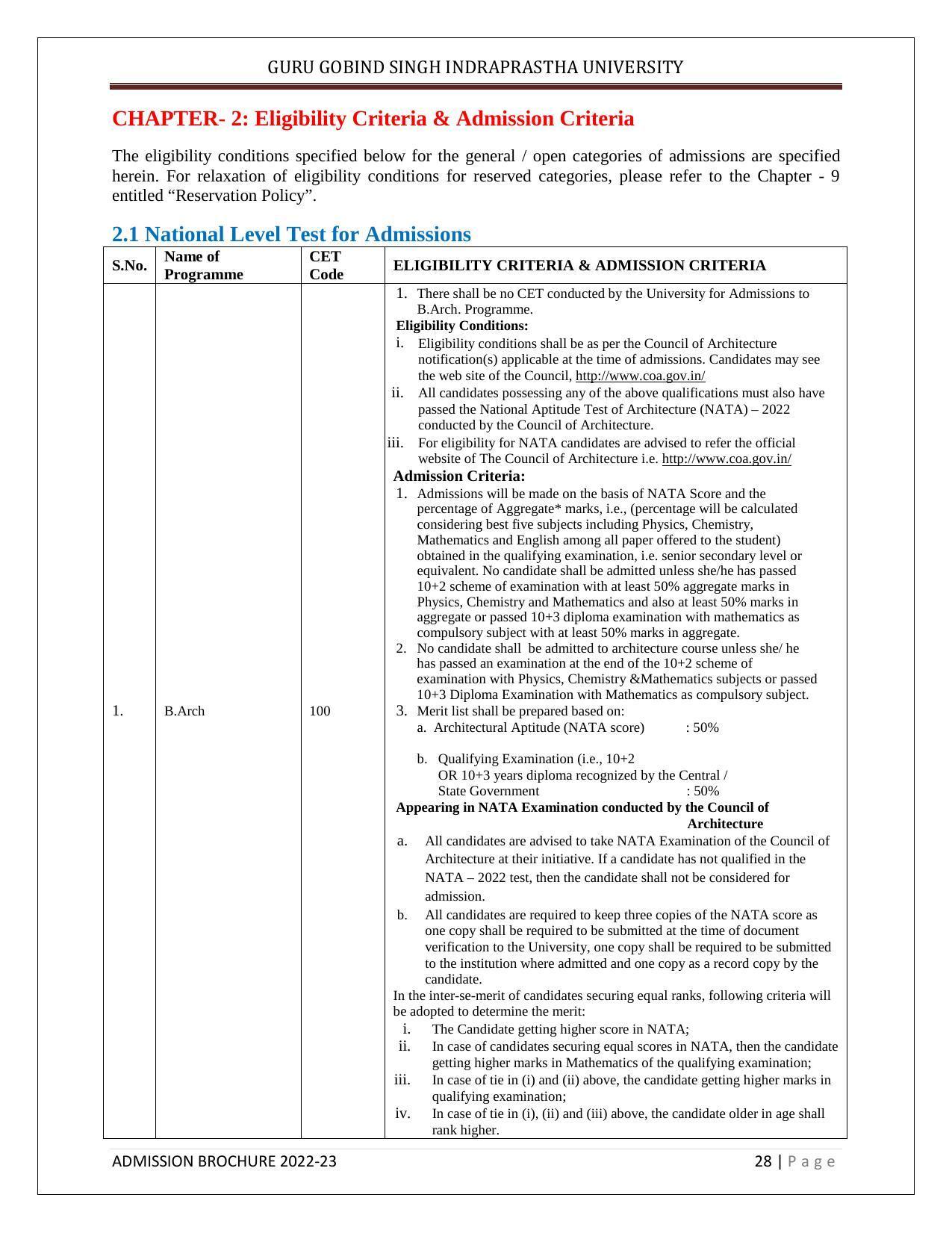 Guru Gobind Singh Indraprastha University (GGSIPU), Delhi Admission Brochure 2022-23 - Page 39