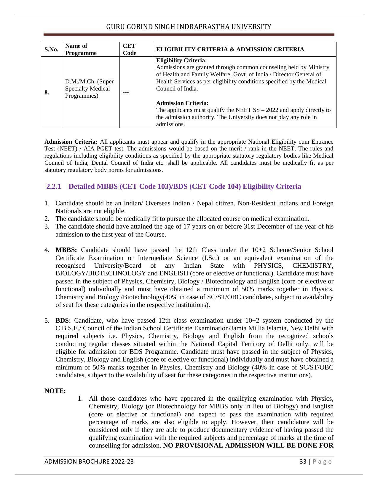 Guru Gobind Singh Indraprastha University (GGSIPU), Delhi Admission Brochure 2022-23 - Page 44