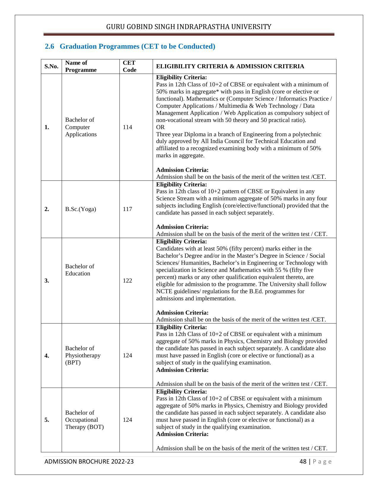 Guru Gobind Singh Indraprastha University (GGSIPU), Delhi Admission Brochure 2022-23 - Page 59