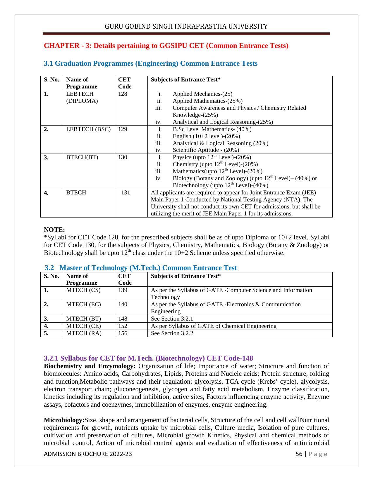 Guru Gobind Singh Indraprastha University (GGSIPU), Delhi Admission Brochure 2022-23 - Page 67