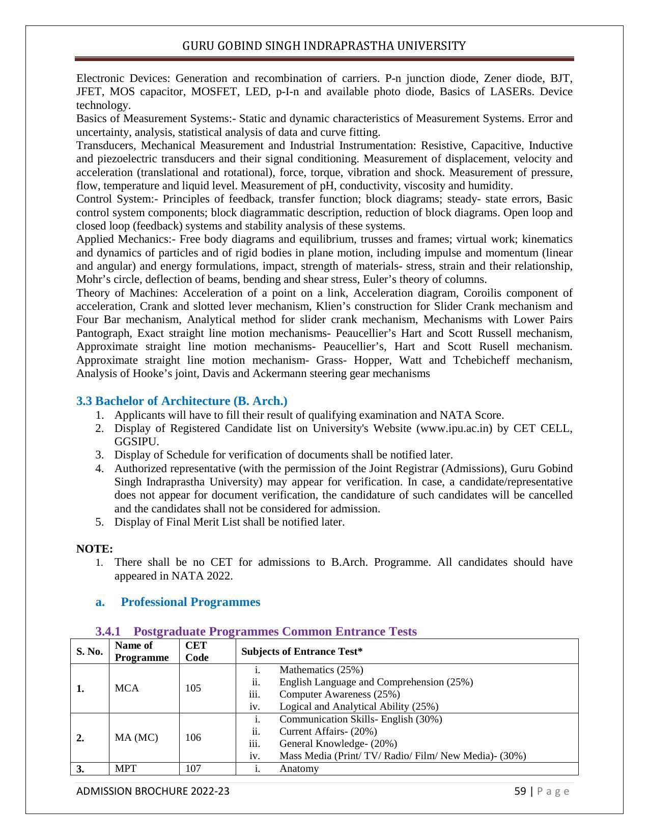 Guru Gobind Singh Indraprastha University (GGSIPU), Delhi Admission Brochure 2022-23 - Page 70