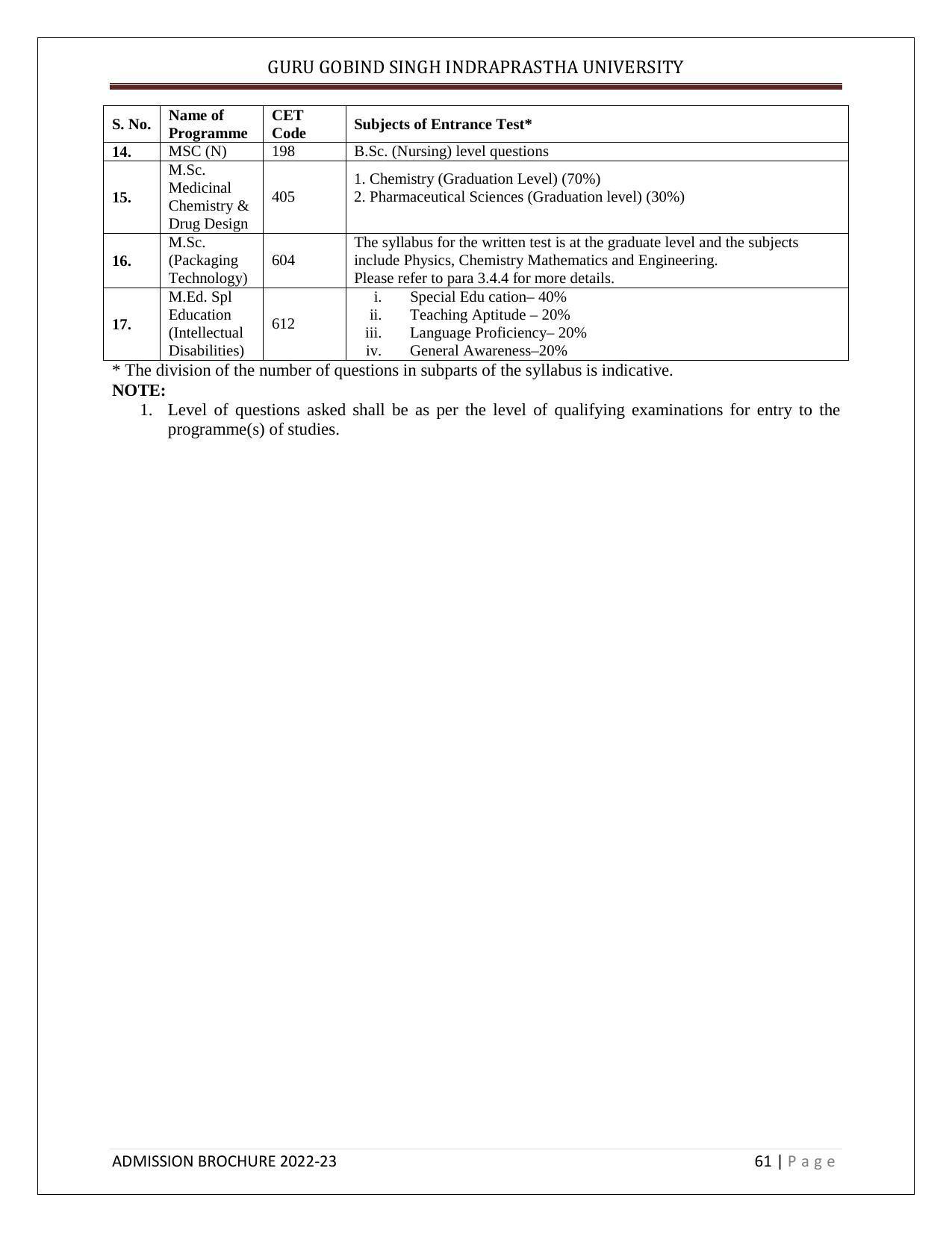 Guru Gobind Singh Indraprastha University (GGSIPU), Delhi Admission Brochure 2022-23 - Page 72