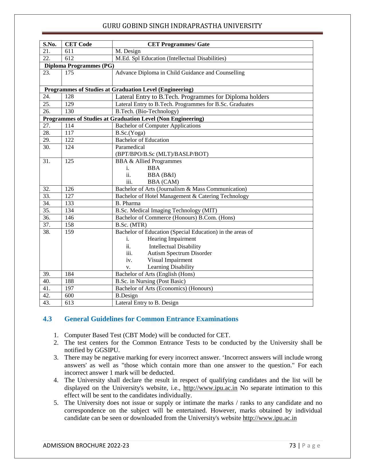 Guru Gobind Singh Indraprastha University (GGSIPU), Delhi Admission Brochure 2022-23 - Page 84