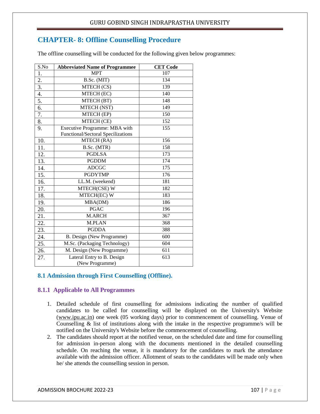 Guru Gobind Singh Indraprastha University (GGSIPU), Delhi Admission Brochure 2022-23 - Page 118
