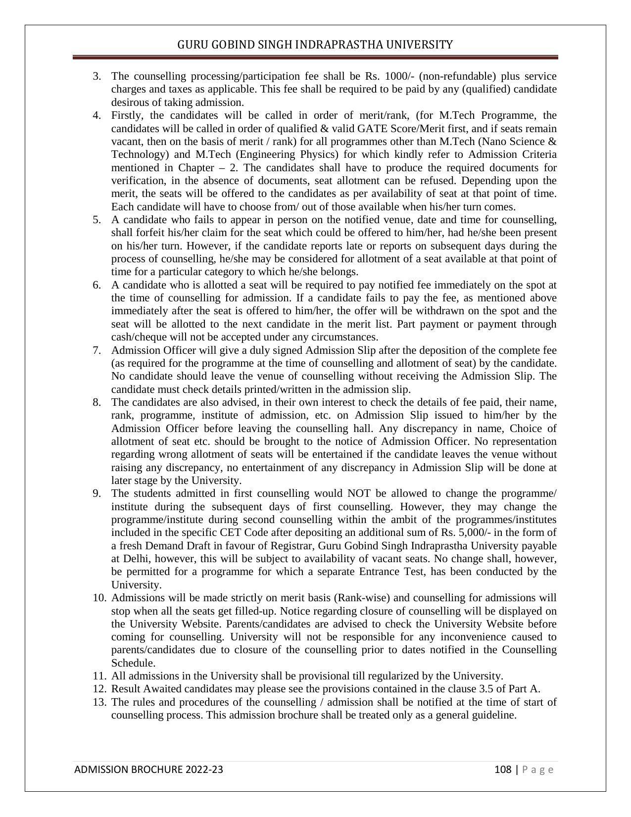 Guru Gobind Singh Indraprastha University (GGSIPU), Delhi Admission Brochure 2022-23 - Page 119