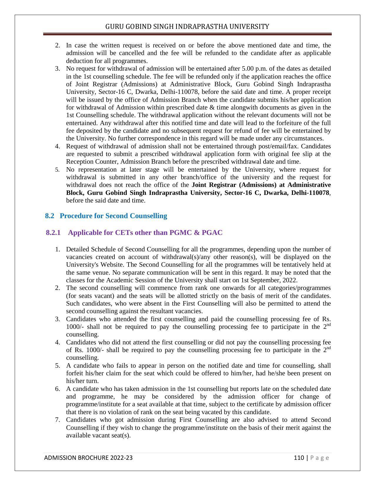 Guru Gobind Singh Indraprastha University (GGSIPU), Delhi Admission Brochure 2022-23 - Page 121