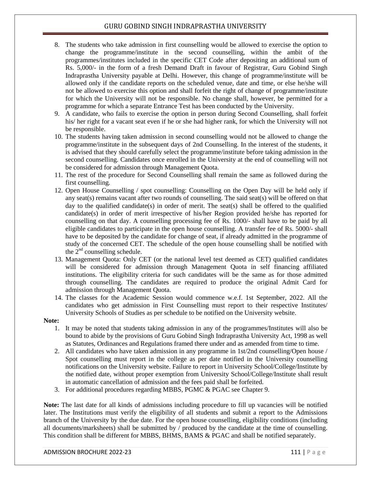 Guru Gobind Singh Indraprastha University (GGSIPU), Delhi Admission Brochure 2022-23 - Page 122