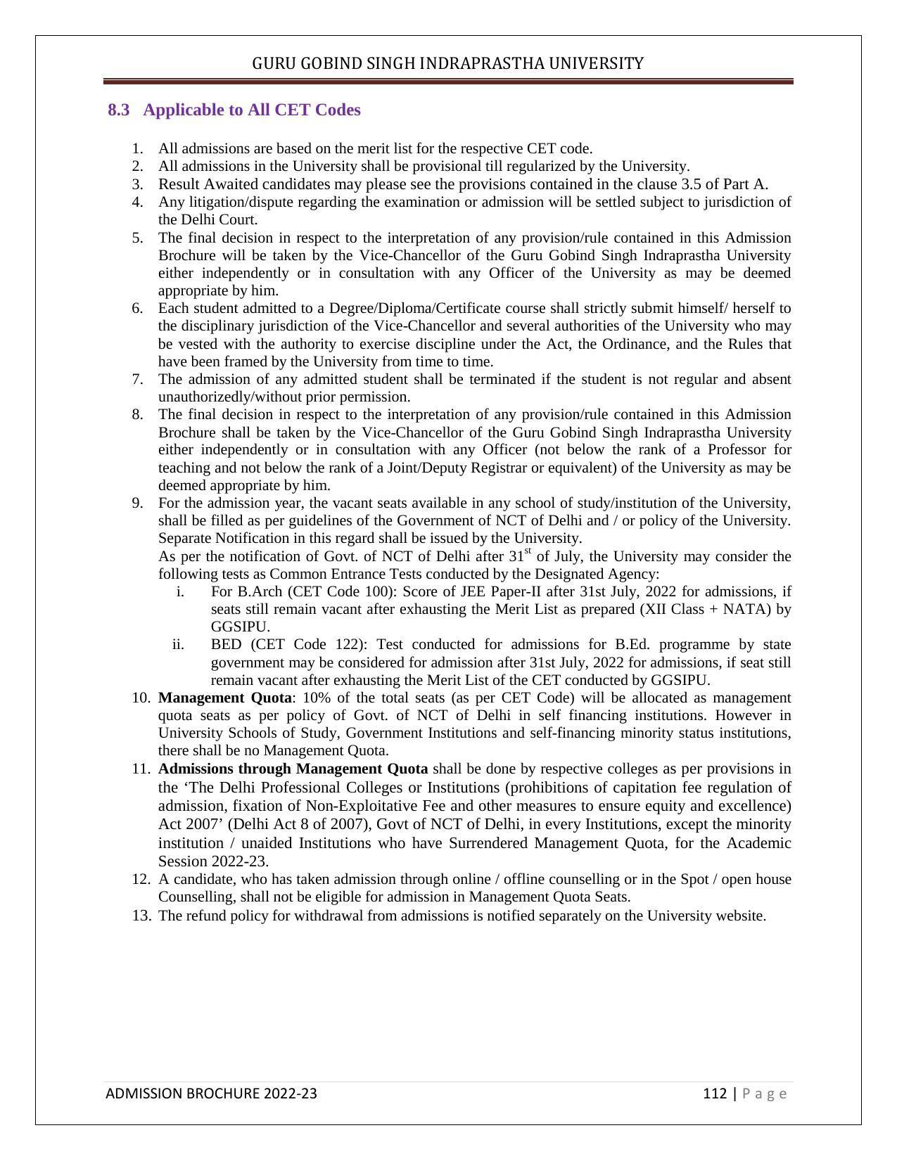 Guru Gobind Singh Indraprastha University (GGSIPU), Delhi Admission Brochure 2022-23 - Page 123