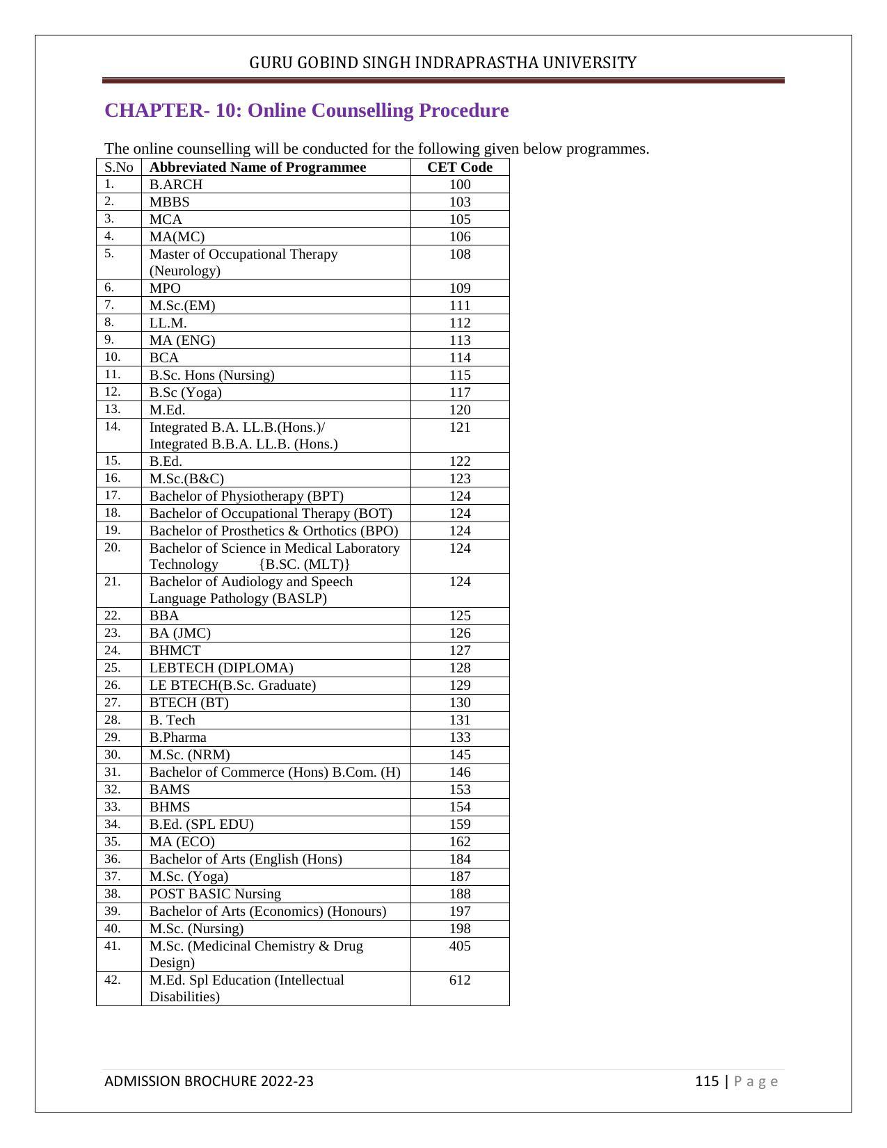 Guru Gobind Singh Indraprastha University (GGSIPU), Delhi Admission Brochure 2022-23 - Page 126