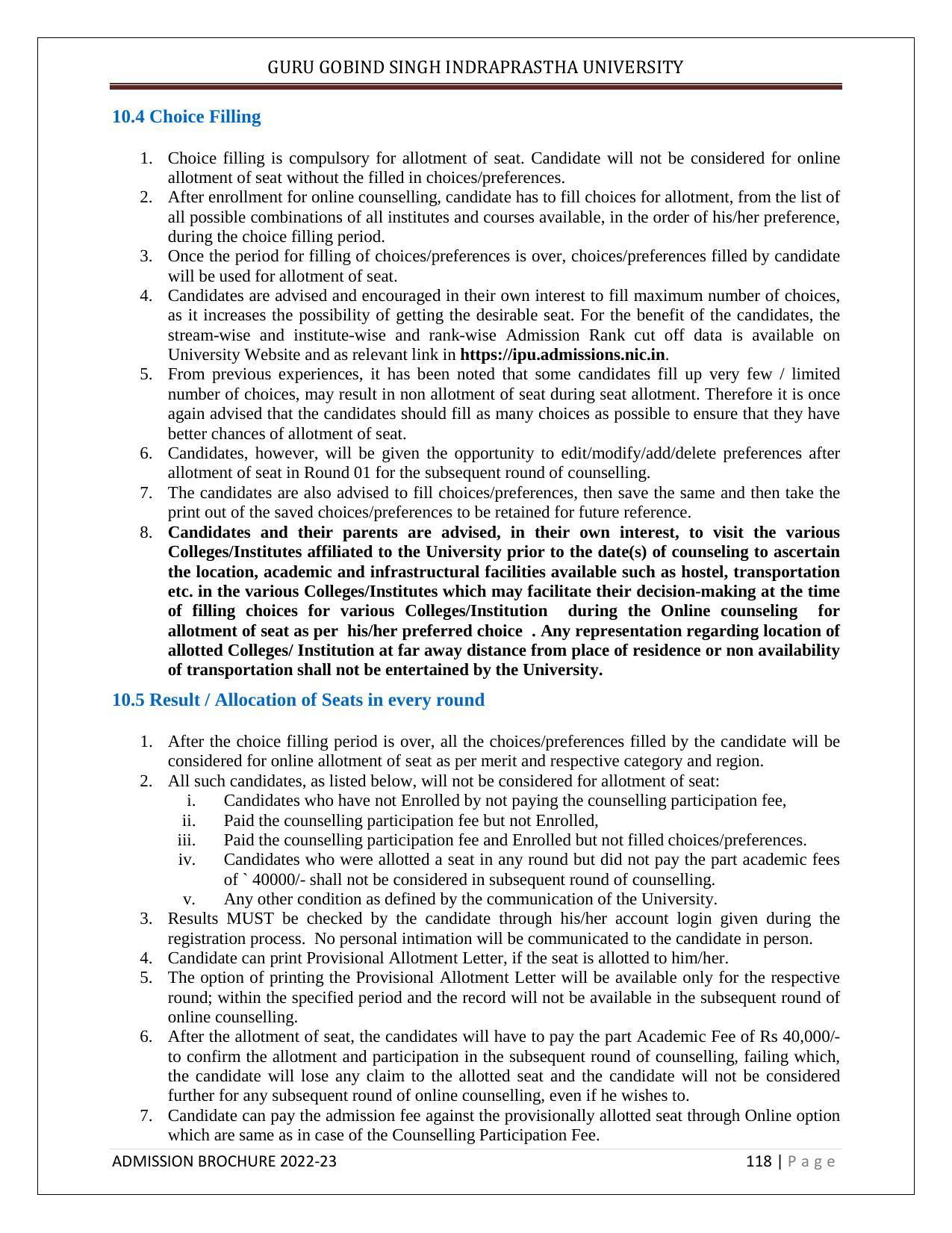 Guru Gobind Singh Indraprastha University (GGSIPU), Delhi Admission Brochure 2022-23 - Page 129