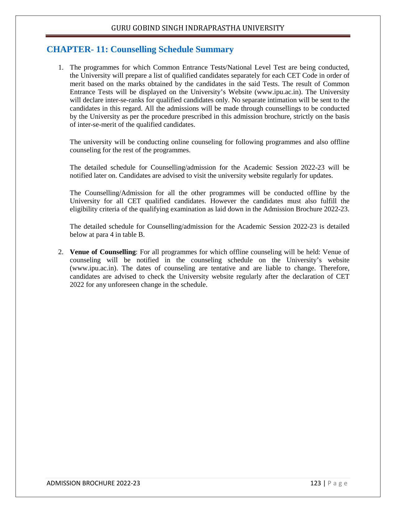Guru Gobind Singh Indraprastha University (GGSIPU), Delhi Admission Brochure 2022-23 - Page 137