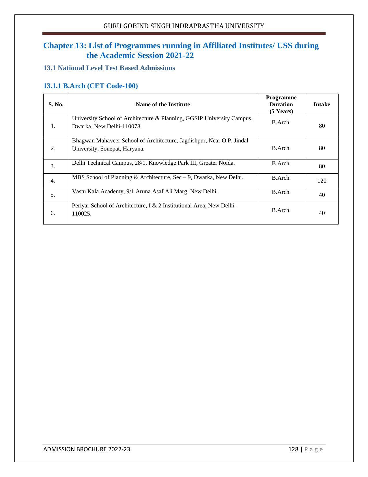 Guru Gobind Singh Indraprastha University (GGSIPU), Delhi Admission Brochure 2022-23 - Page 146