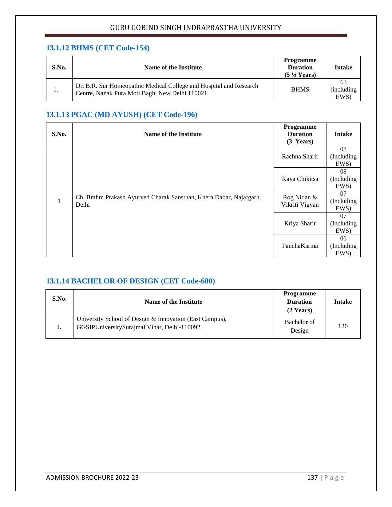Guru Gobind Singh Indraprastha University (GGSIPU), Delhi Admission Brochure 2022-23 - Page 155