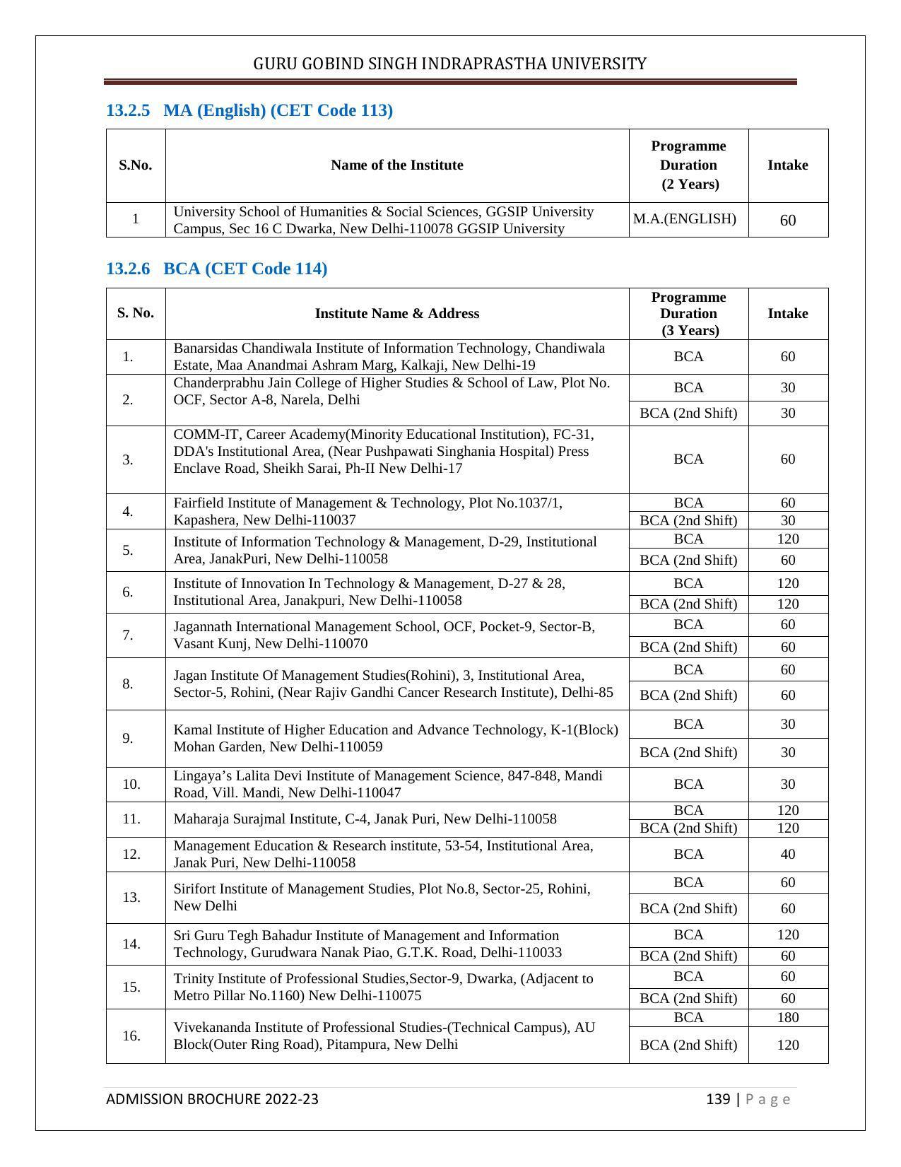 Guru Gobind Singh Indraprastha University (GGSIPU), Delhi Admission Brochure 2022-23 - Page 157