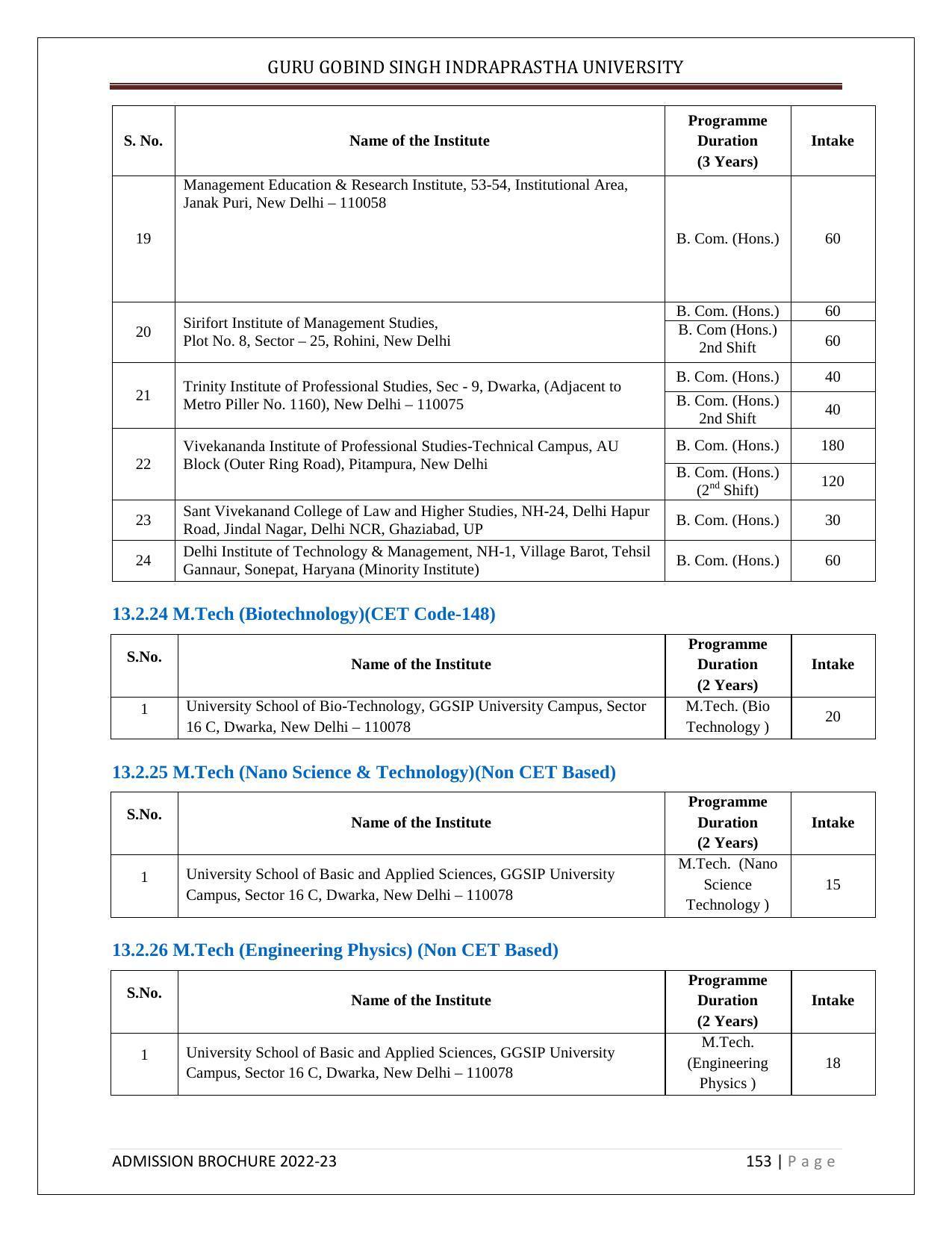 Guru Gobind Singh Indraprastha University (GGSIPU), Delhi Admission Brochure 2022-23 - Page 171