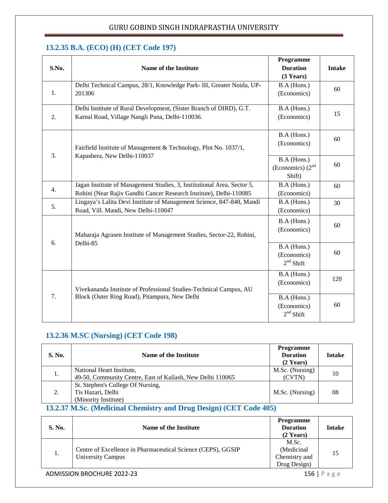 Guru Gobind Singh Indraprastha University (GGSIPU), Delhi Admission Brochure 2022-23 - Page 174
