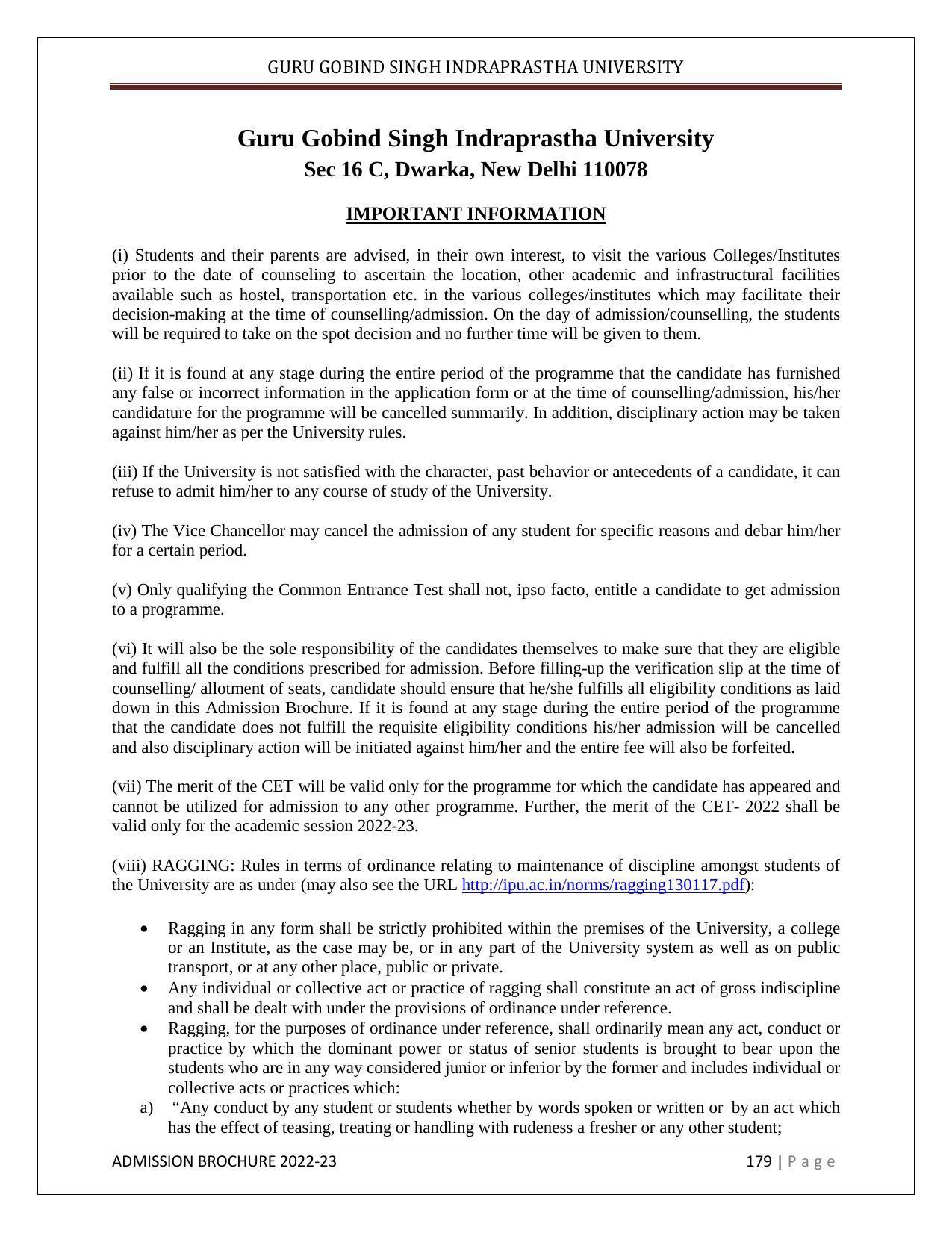 Guru Gobind Singh Indraprastha University (GGSIPU), Delhi Admission Brochure 2022-23 - Page 200