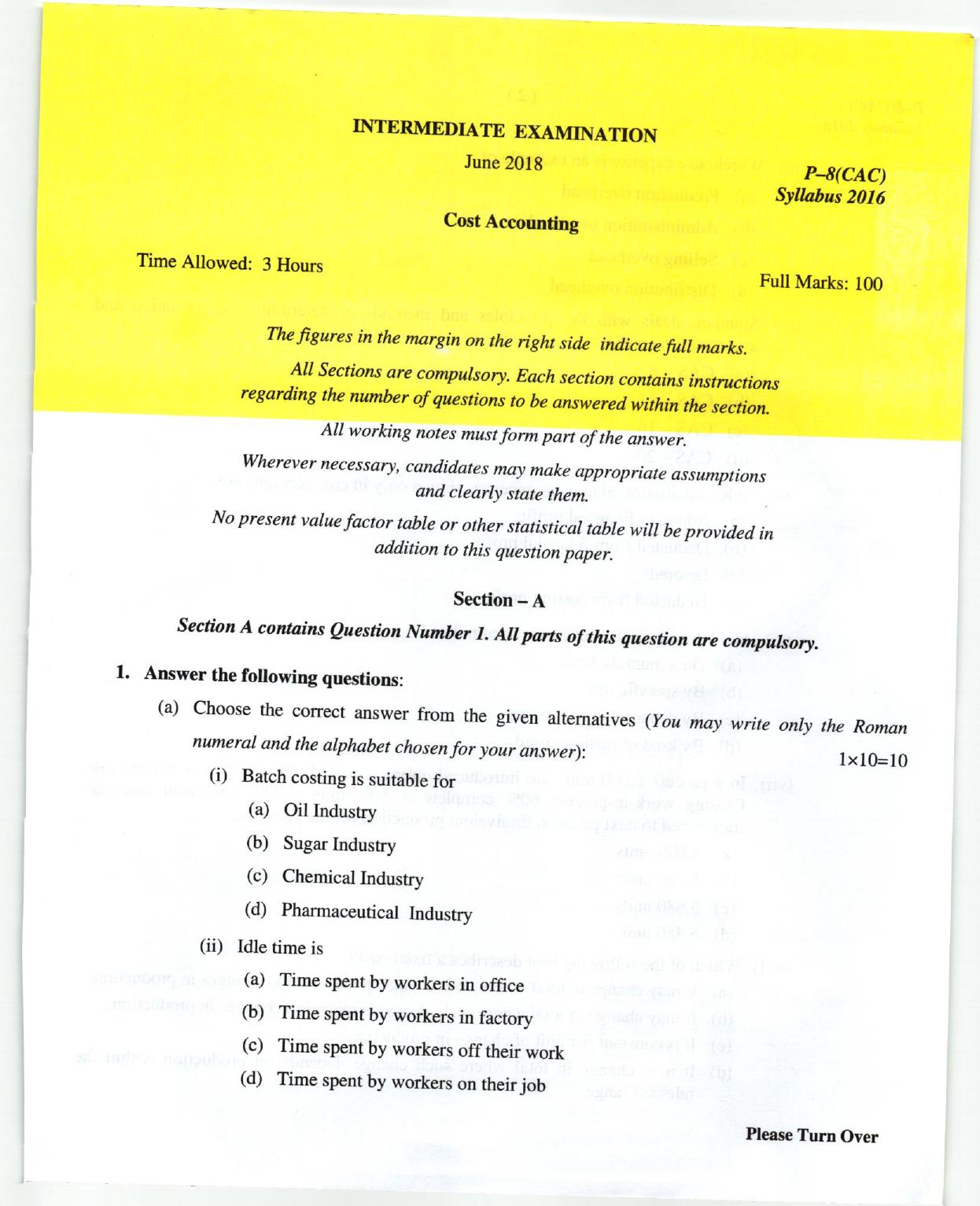 ICMAI June 2018 Cost Accounting Question Paper - Page 1