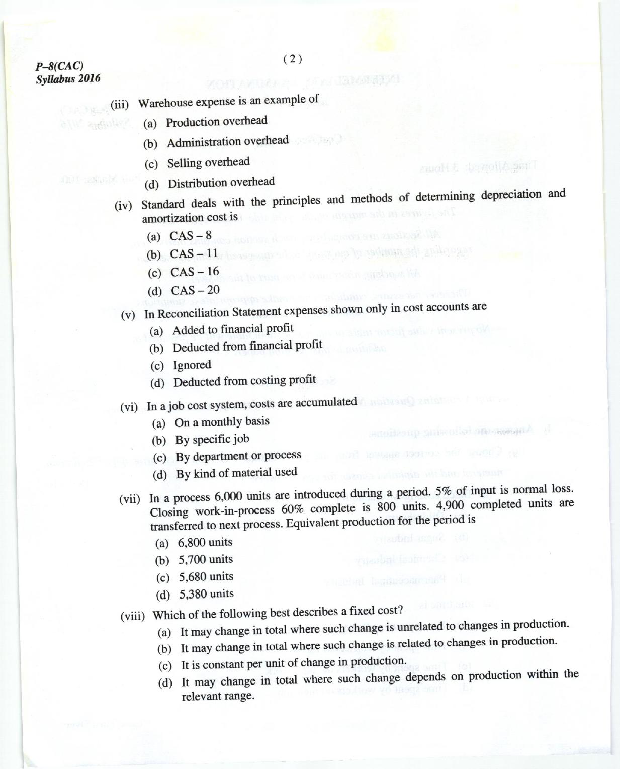 ICMAI June 2018 Cost Accounting Question Paper - Page 2