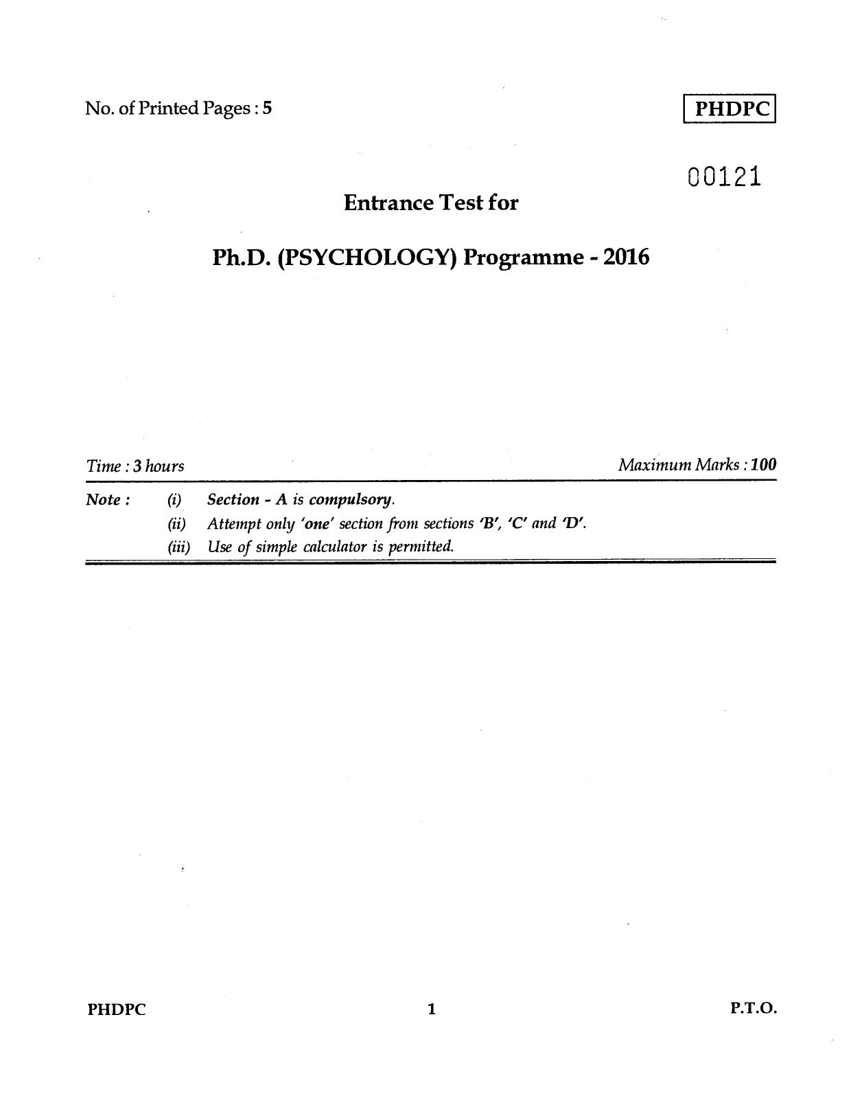 IGNOU PhD Entrance Test Ph.D Psychology 2016 Question Paper - Page 1
