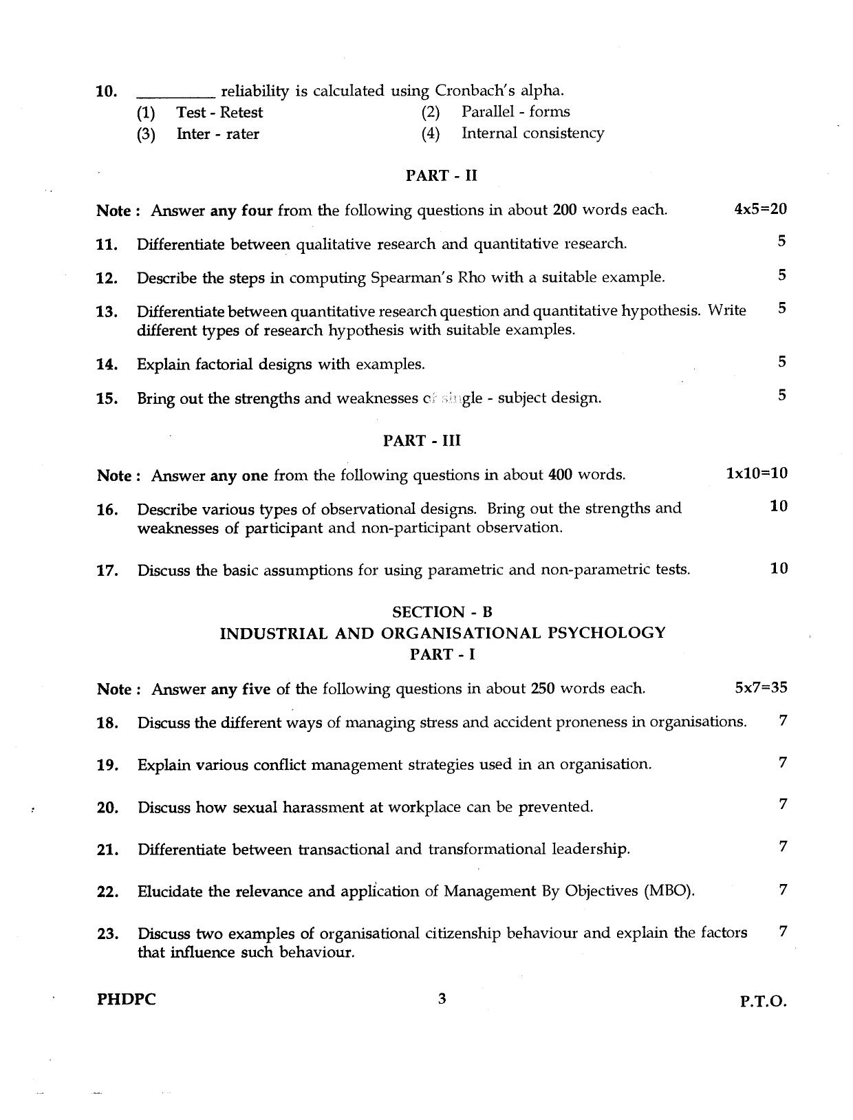 IGNOU PhD Entrance Test Ph.D Psychology 2016 Question Paper - Page 3