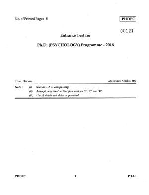 IGNOU PhD Entrance Test Ph.D Psychology 2016 Question Paper