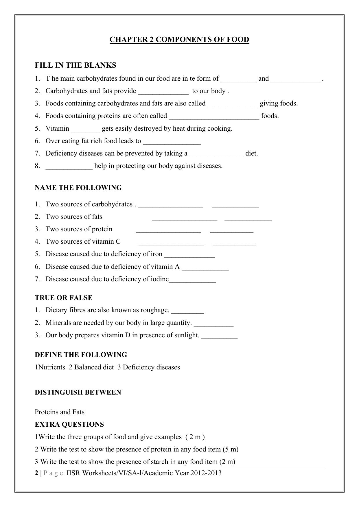 CBSE Worksheets for Class 6 Science Components of Food Assignment 4 - Page 1