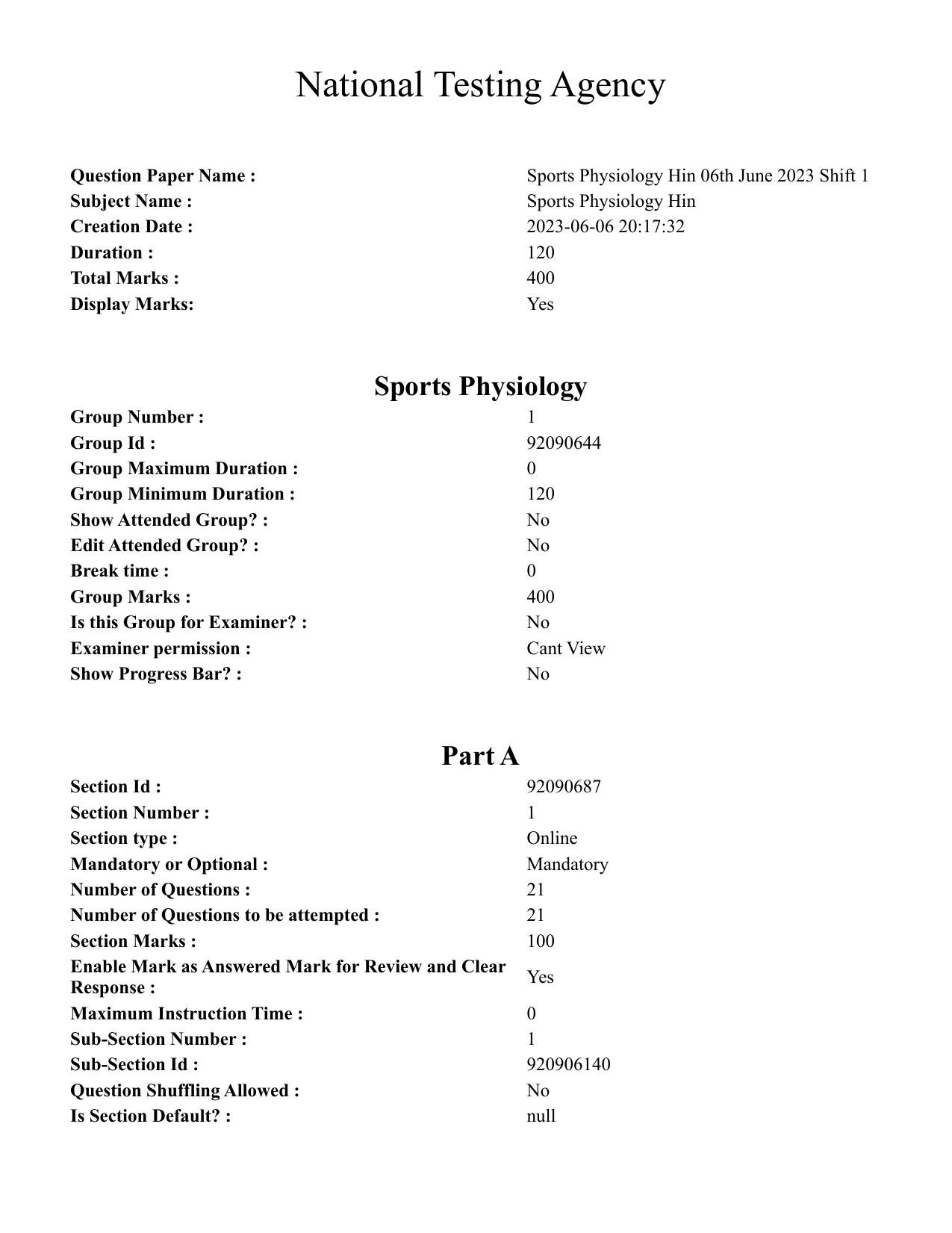 CUET PG 2023: COQP20 – Sports Physiology (Hindi)- Shift 2 (06-06-2023) Question Paper - Page 1