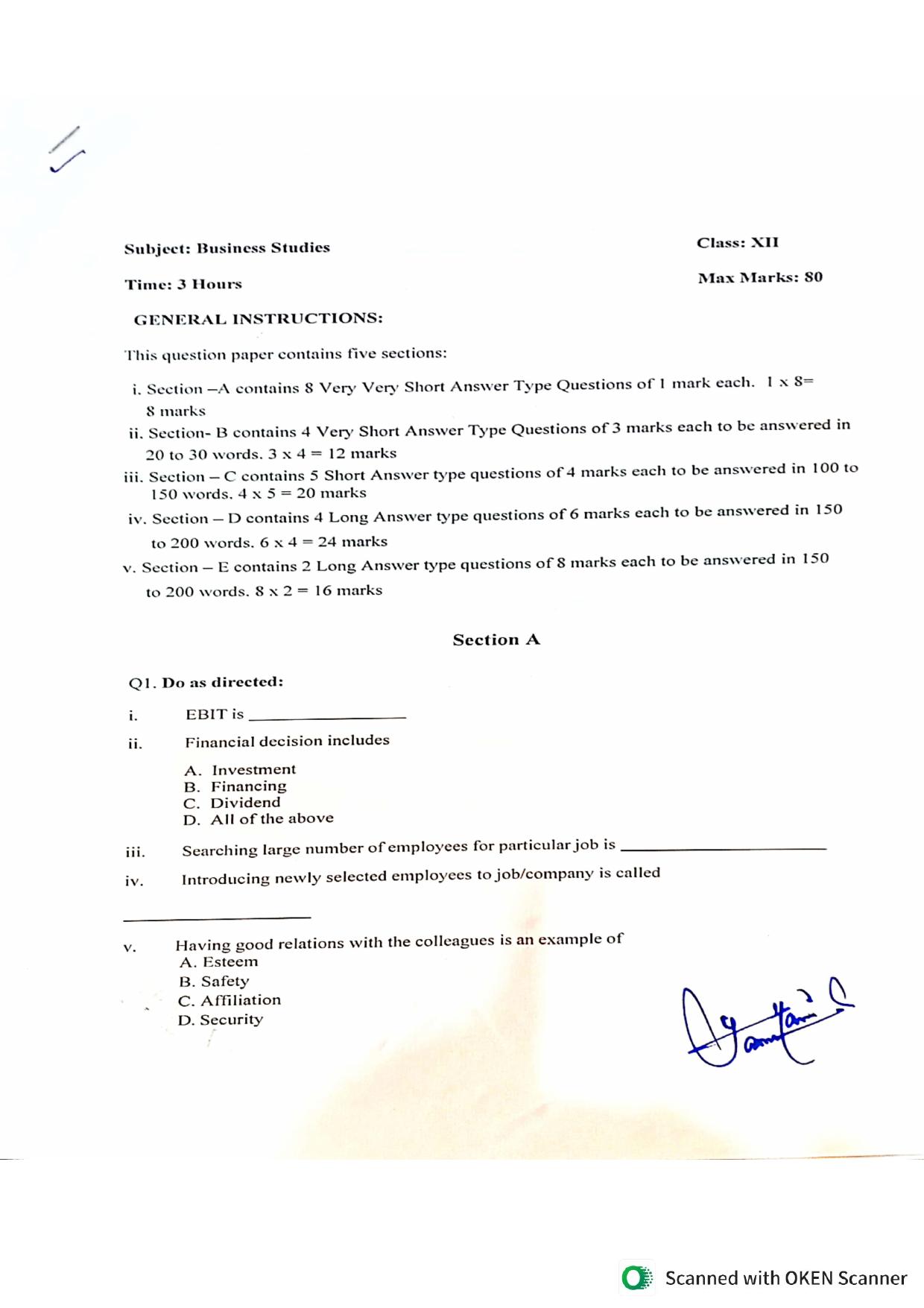 JKBOSE Class 12 Business Studies Model Question Paper - Page 1