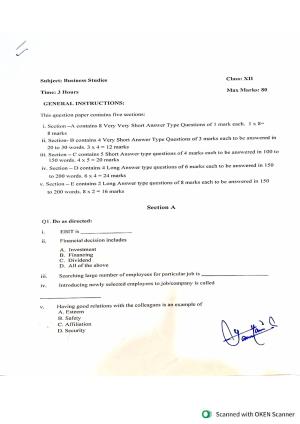 JKBOSE Class 12 Business Studies Model Question Paper