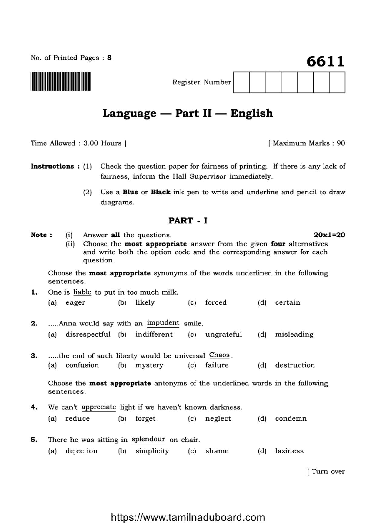TN Class 12 English 6611 Question Papers 2023 - Page 1