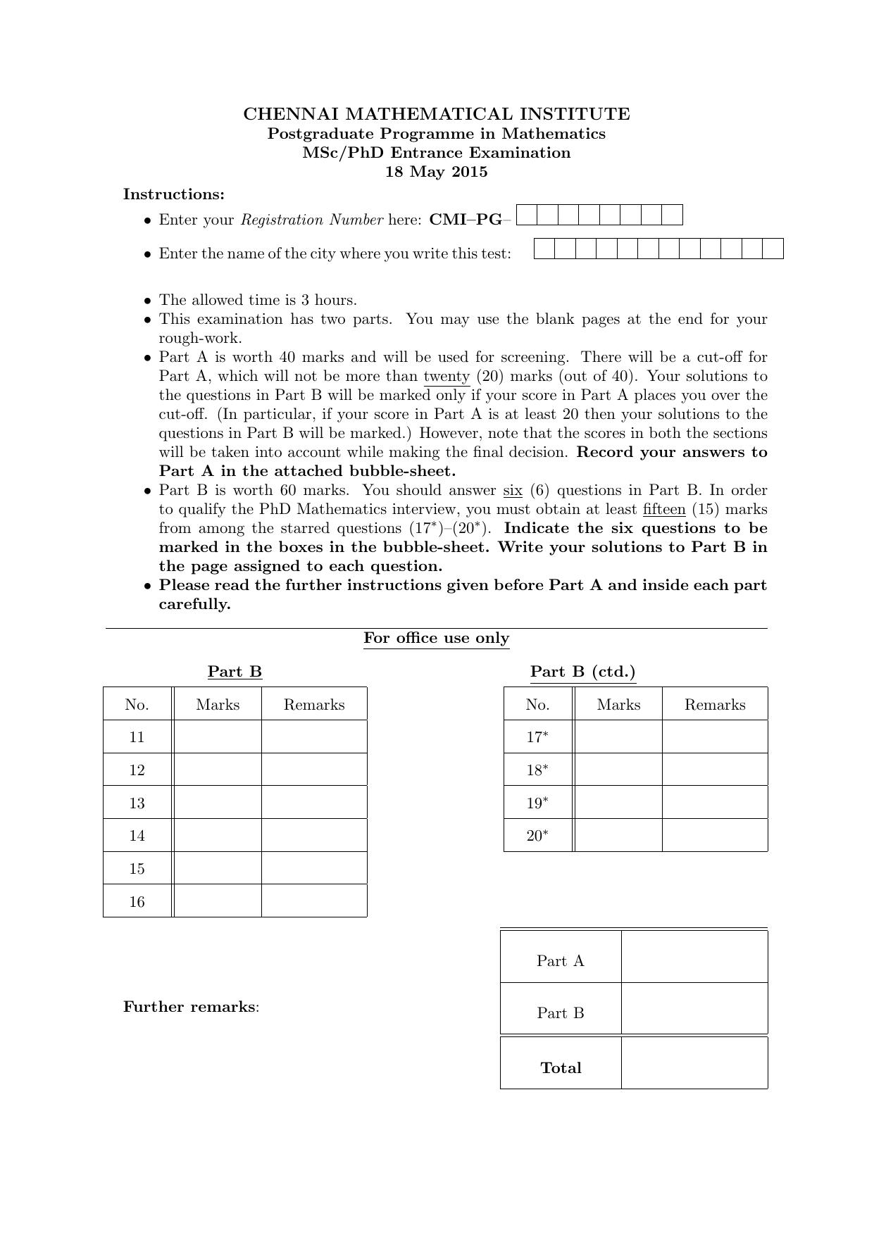 CMI Entrance Exam 2015 Question Paper MSc/PhD Mathematics - Page 1