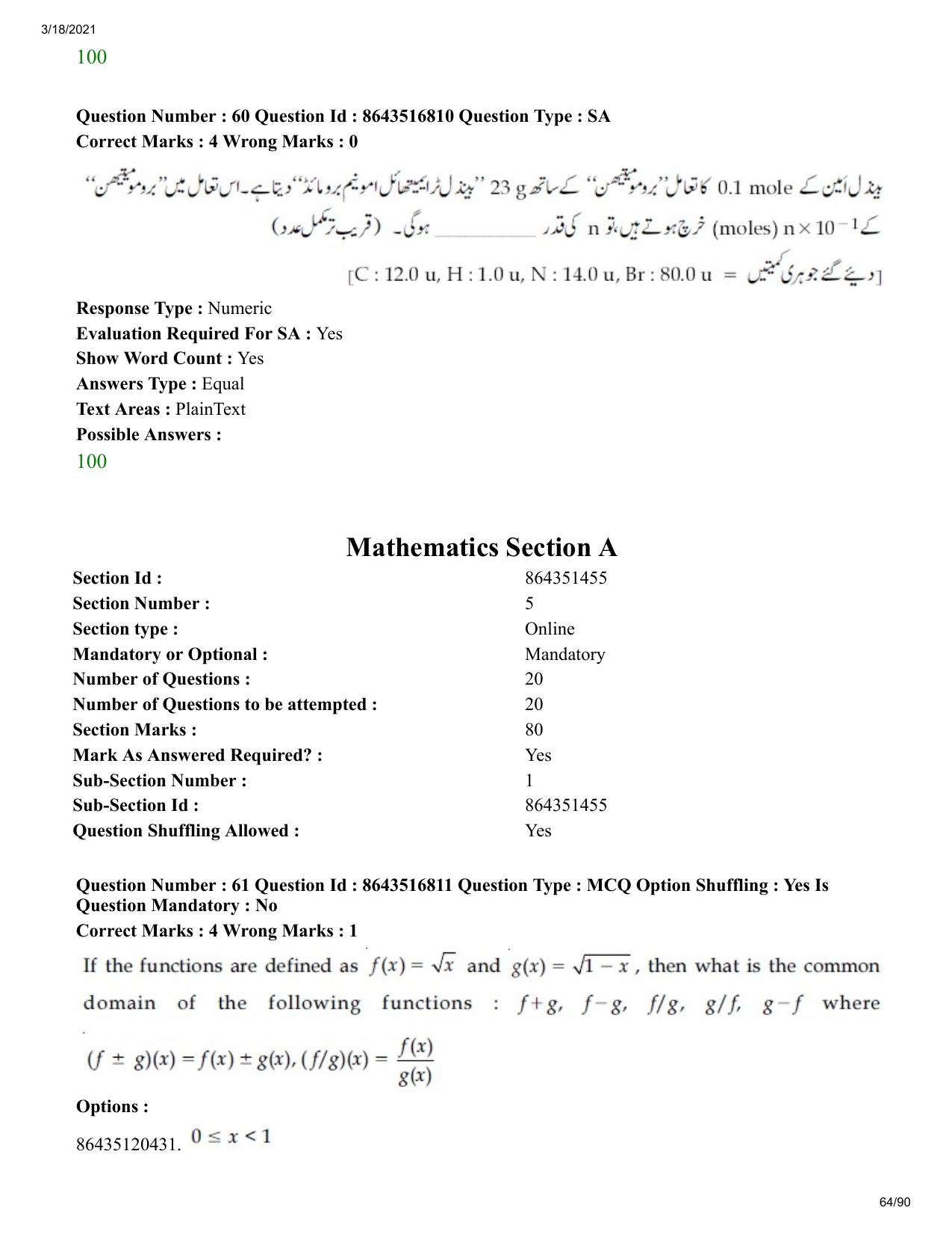 JEE Mains 2021: BTech EU (Shift 1) 18-03-2021 Question Paper - Page 64