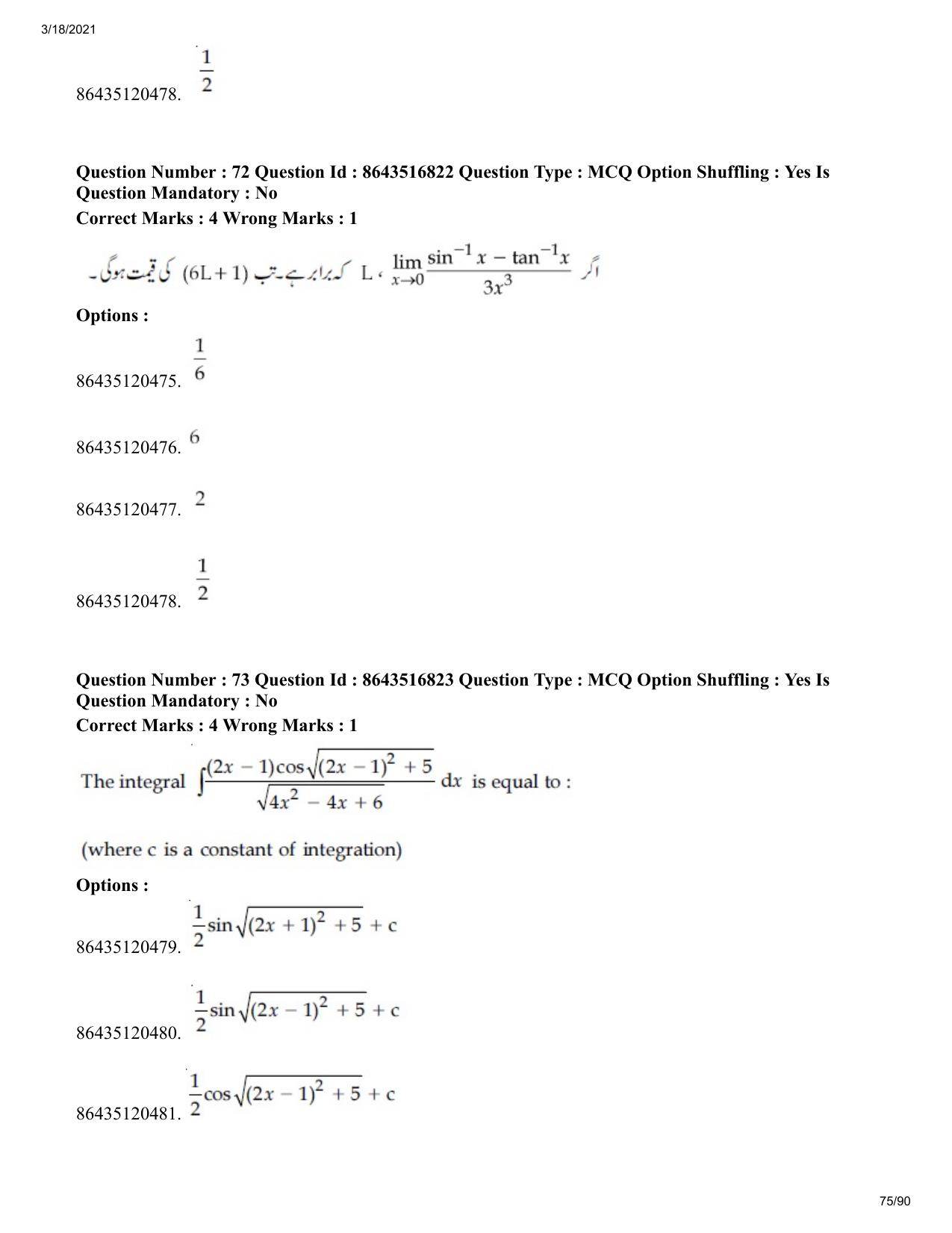 JEE Mains 2021: BTech EU (Shift 1) 18-03-2021 Question Paper - Page 75