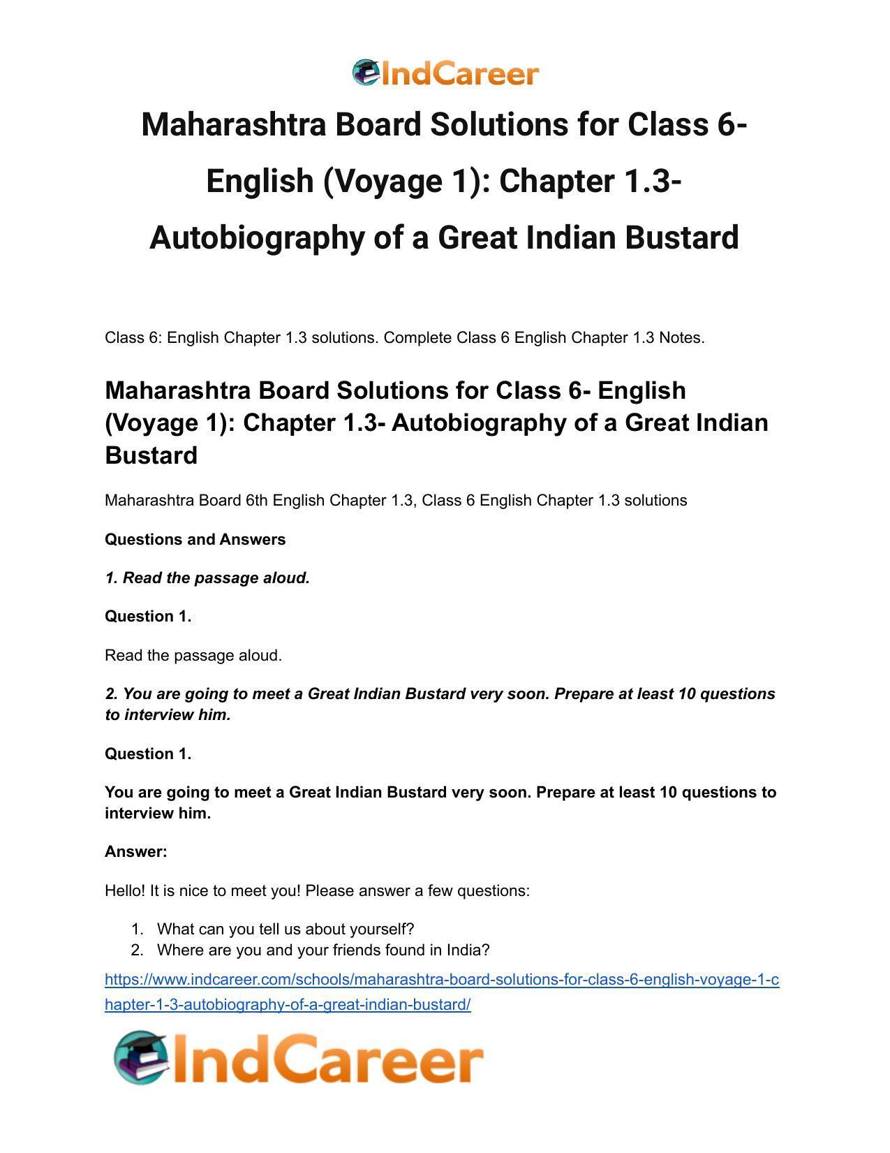 Maharashtra Board Solutions for Class 6- English (Voyage 1): Chapter 1.3- Autobiography of a Great Indian Bustard - Page 2