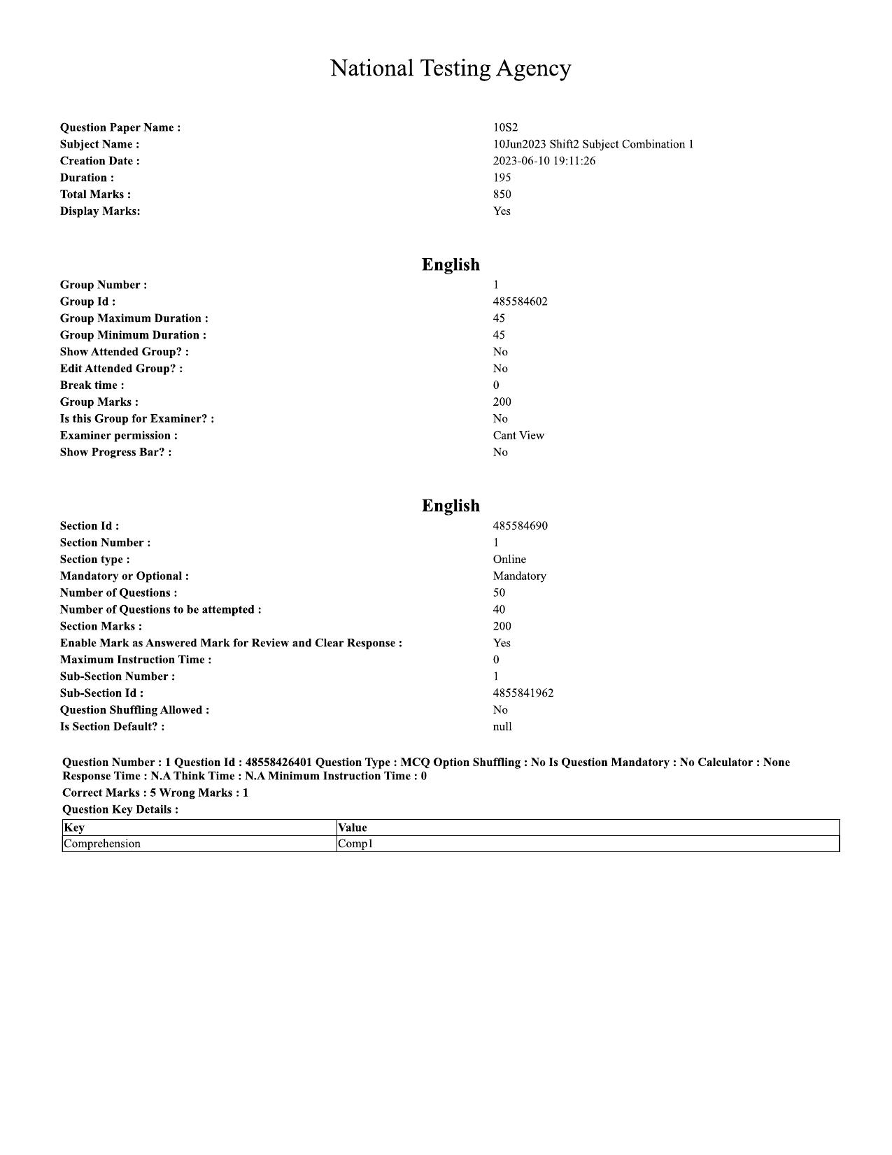 CUET 2023 Domestic Shift 2 Question Paper - 10 June 2023 - Page 1