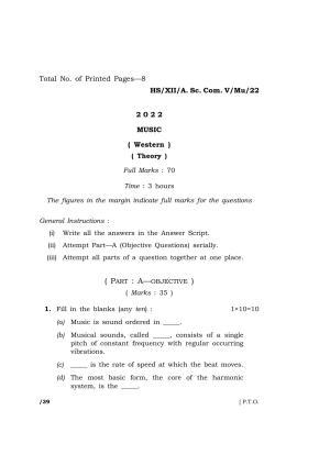 Meghalaya Board (MBOSE) Class 12 MUSIC (HS_XII_A.Sc.Com.V_Mu_22) 2022 Question Paper
