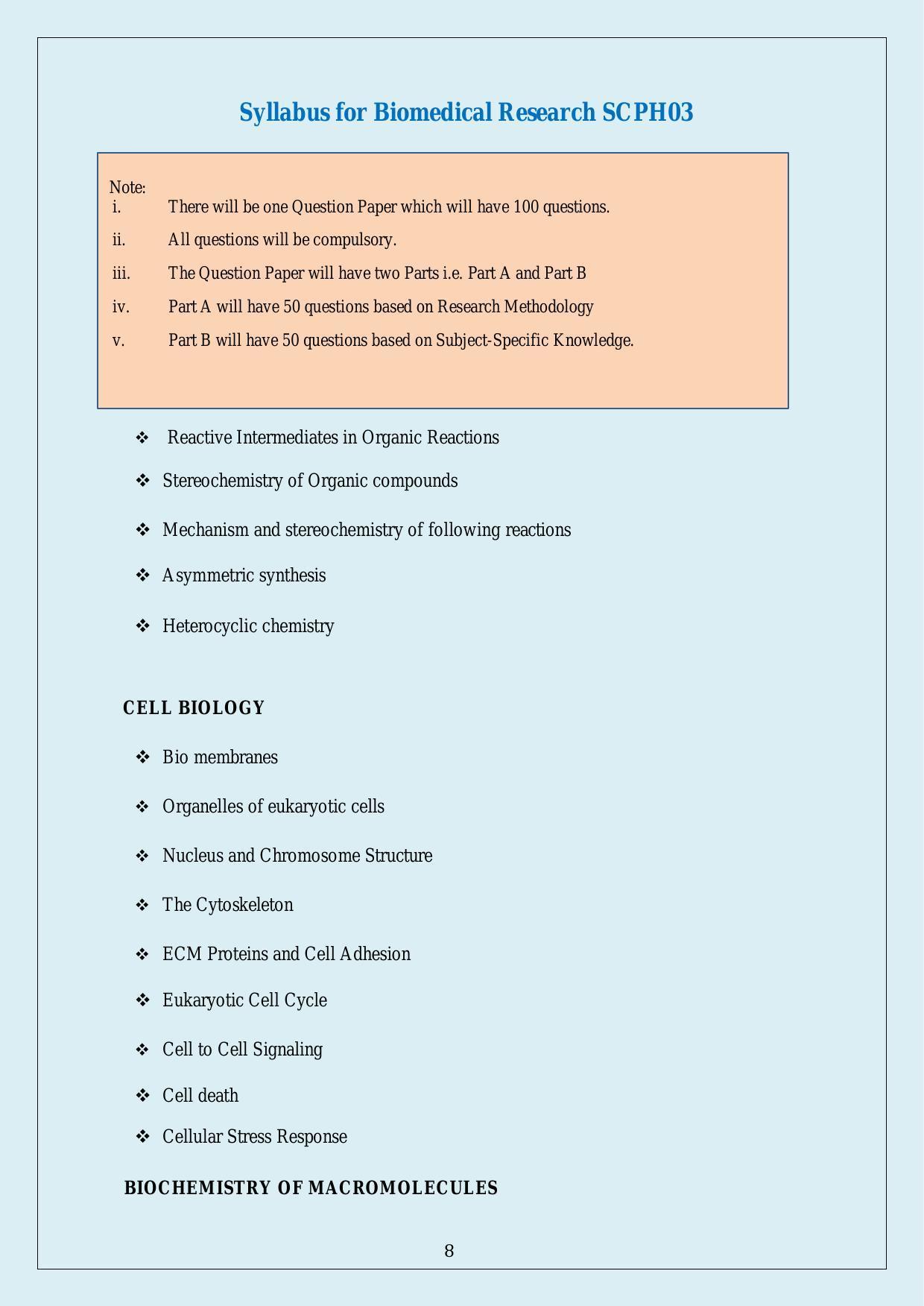 NTA PhD Entrance Exam Biomedical Research Syllabus - Page 1